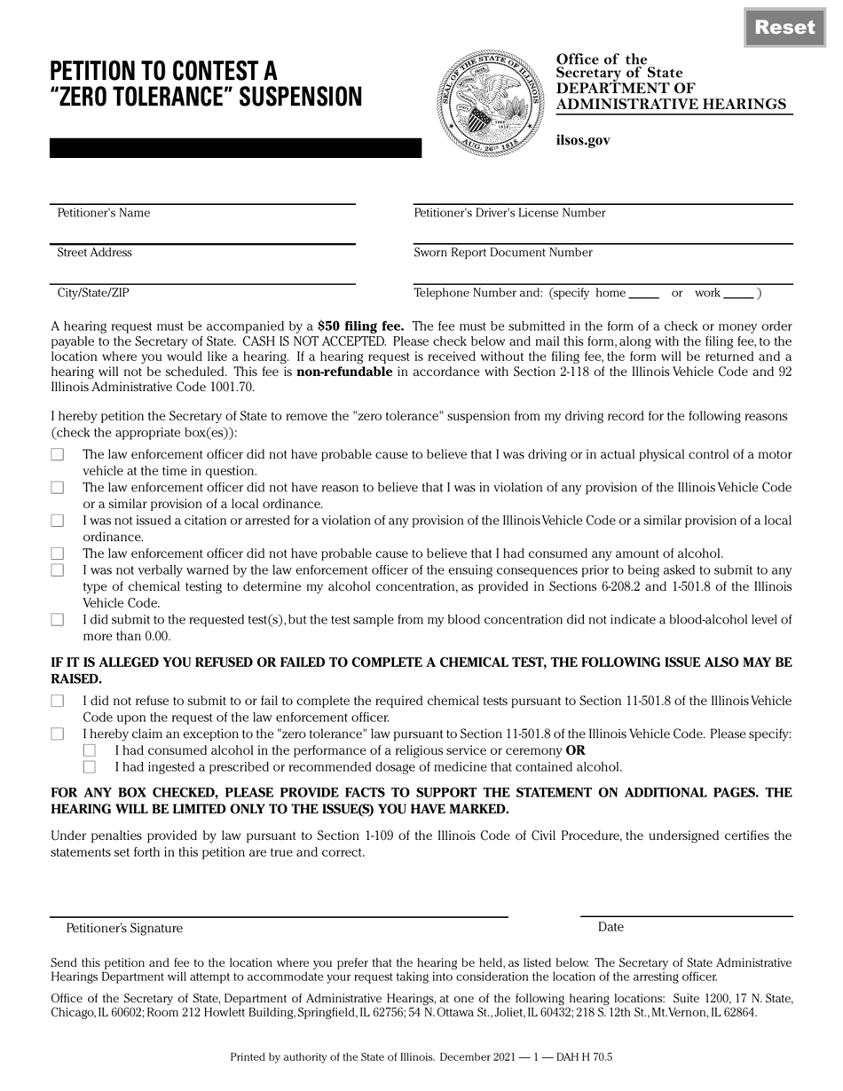 Form DAH H70 Petition to Contest a Zero Tolerance Suspension - Illinois, Page 1