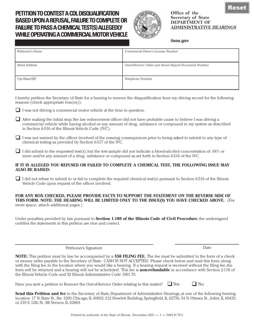 Form DAH H78 Petition to Contest a Cdl Disqualification Based Upon a Refusal, Failure to Complete or Failure to Pass a Chemical Test(S) Allegedly While Operating a Commercial Motor Vehicle - Illinois