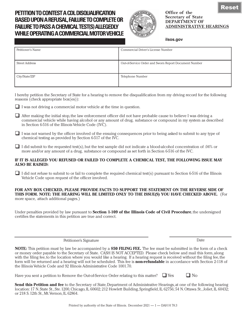 Form DAH H78 Petition to Contest a Cdl Disqualification Based Upon a Refusal, Failure to Complete or Failure to Pass a Chemical Test(S) Allegedly While Operating a Commercial Motor Vehicle - Illinois, Page 1