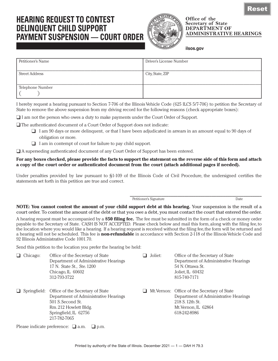 Form DAH H79 Hearing Request to Contest Delinquent Child Support Payment Suspension - Court Order - Illinois, Page 1