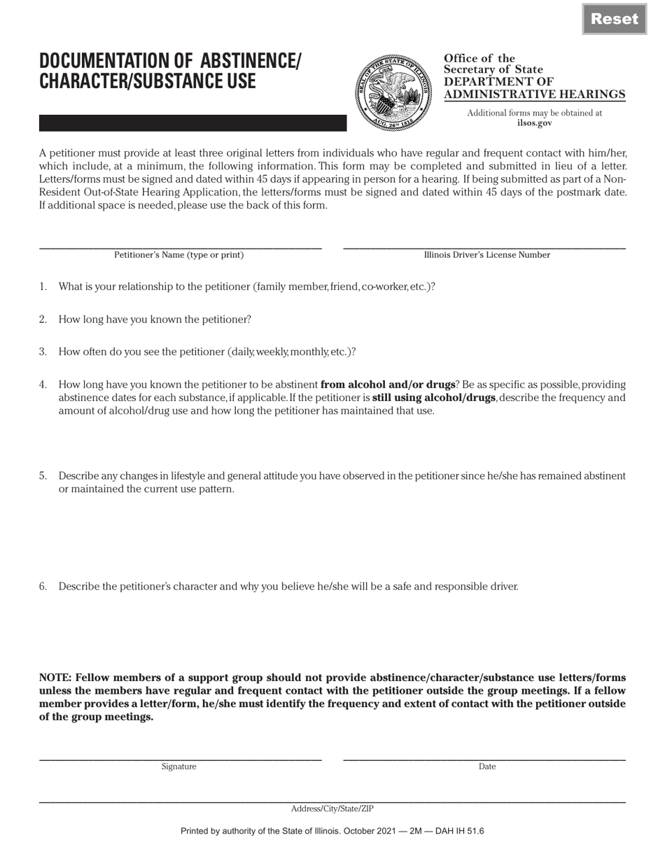 Form DAH(IH51 Documentation of Abstinence / Character / Substance Use - Illinois, Page 1