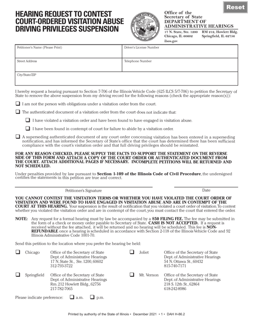 Form DAH H86 Hearing Request to Contest Court-Ordered Visitation Abuse Driving Privileges Suspension - Illinois