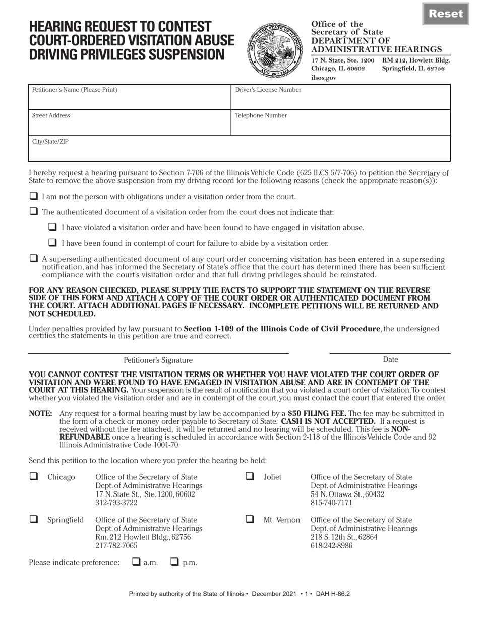 Form DAH H86 Hearing Request to Contest Court-Ordered Visitation Abuse Driving Privileges Suspension - Illinois, Page 1