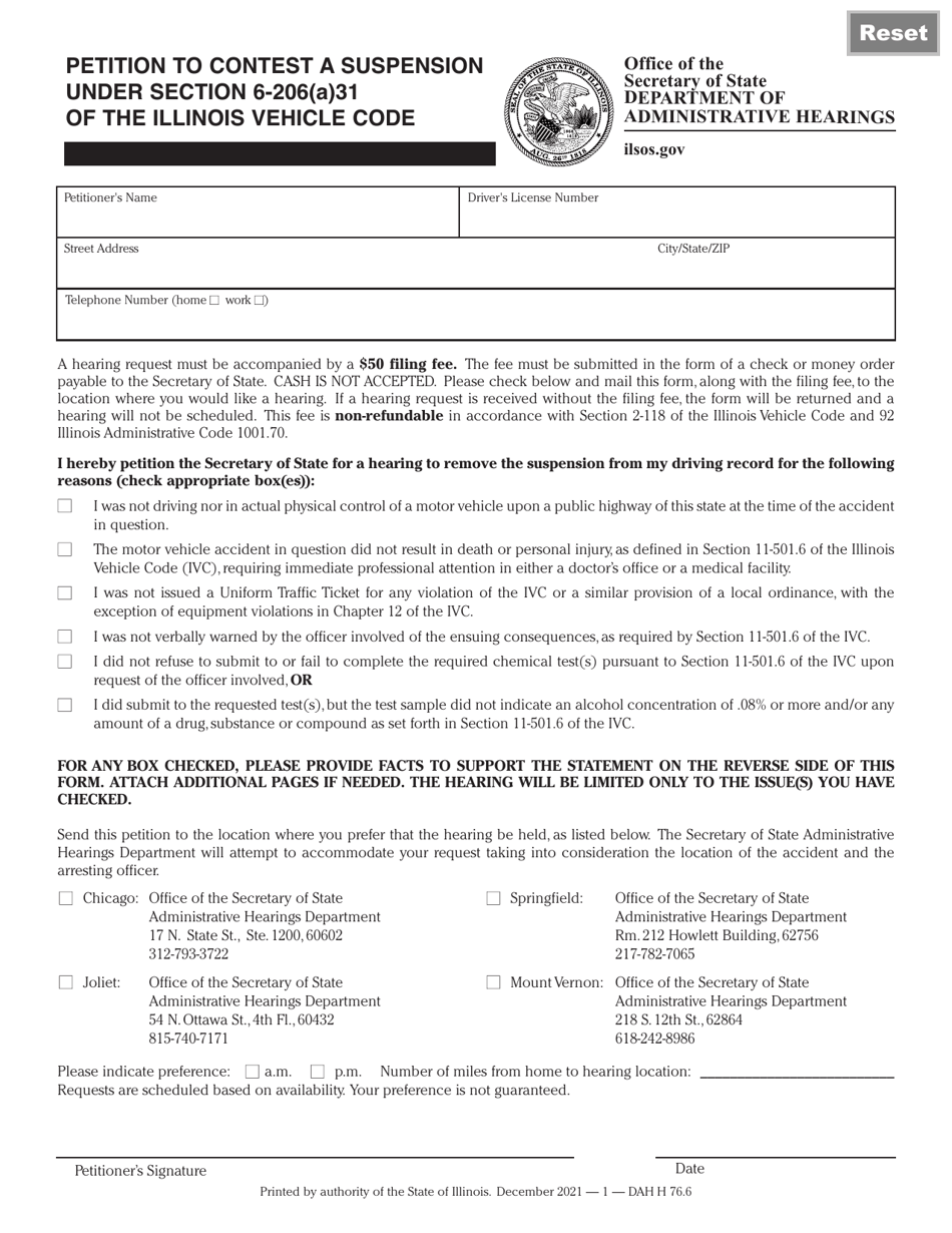 Form DAH H76 Petition to Contest a Suspension Under Section 6-206(A)31 of the Illinois Vehicle Code - Illinois, Page 1