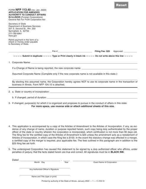 Form NFP113.40 Application for Amended Authority to Conduct Affairs in Illinois (Foreign Corporations) - Illinois