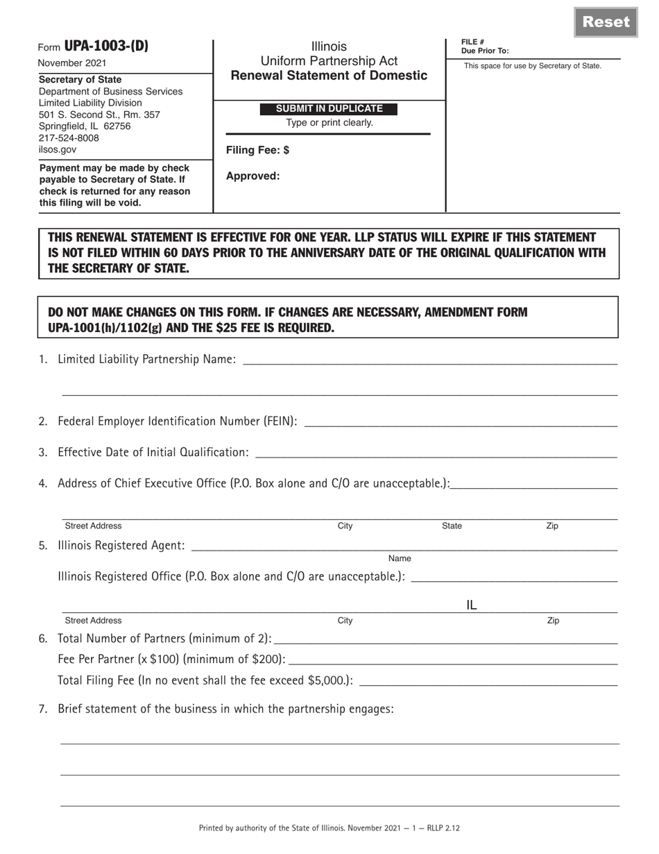 Form UPA-1003-(D) Uniform Partnership Act Renewal Statement of Domestic Limited Liability Partnership - Illinois, Page 1