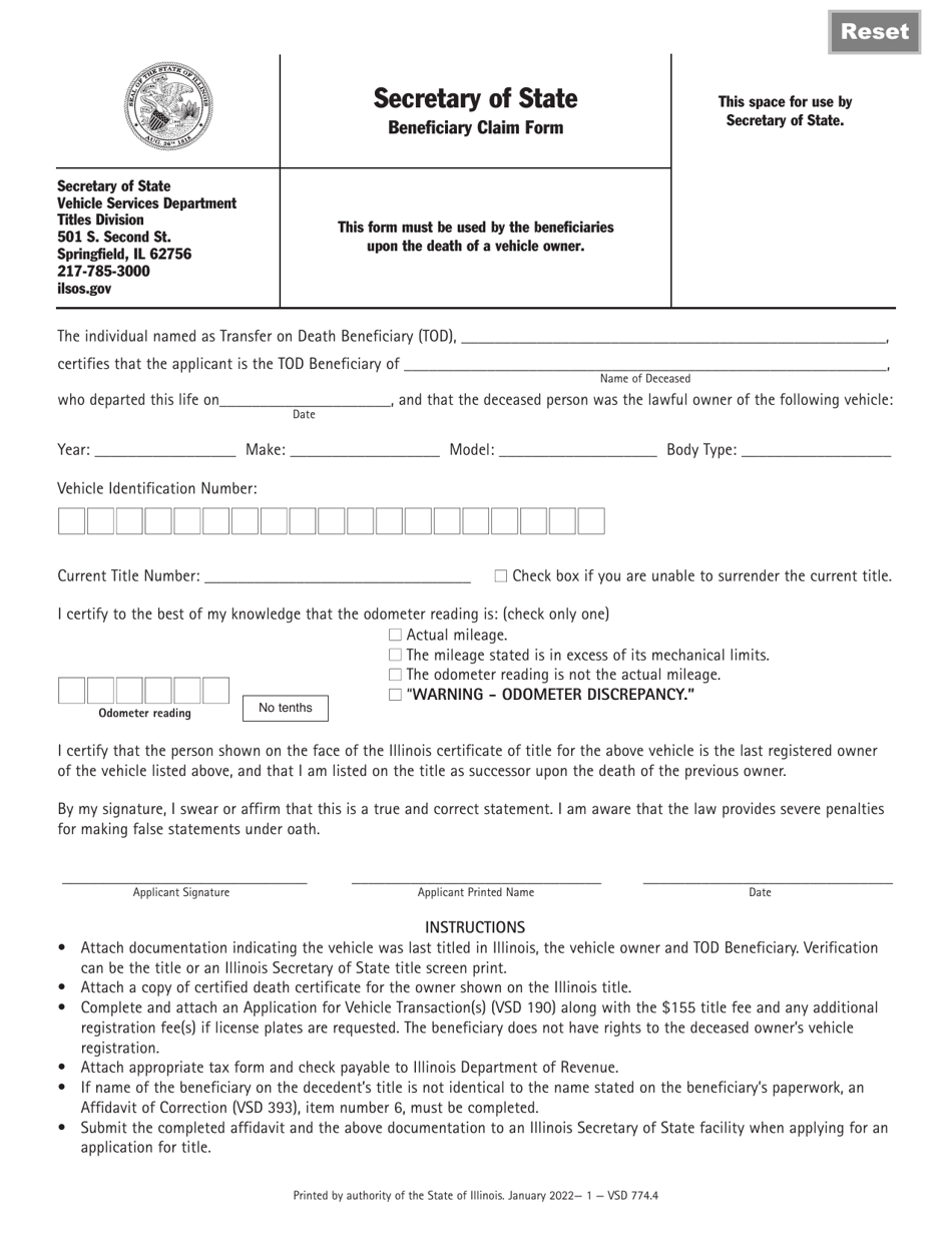 Form VSD774 Beneficiary Claim Form - Illinois, Page 1