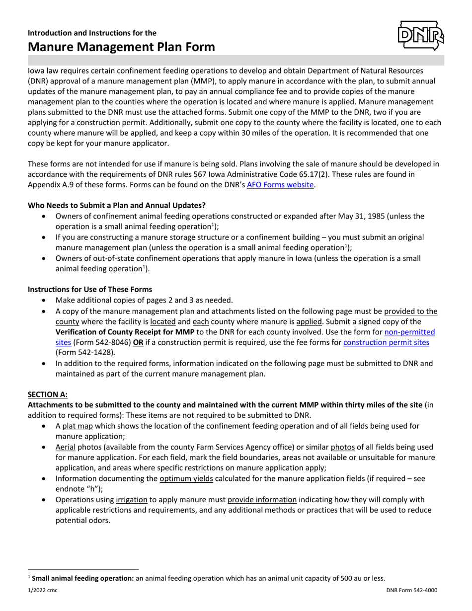 DNR Form 542-4000 Manure Management Plan Form - Iowa, Page 1