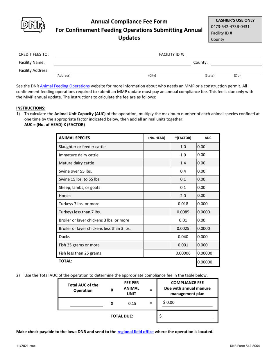 DNR Form 542-8064 Annual Compliance Fee Form for Confinement Feeding Operations Submitting Annual Updates - Iowa, Page 1