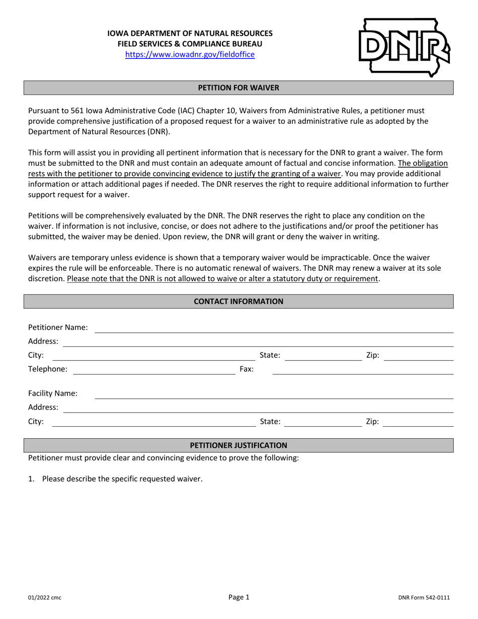 DNR Form 542-0111 Petition for Waiver - Iowa, Page 1