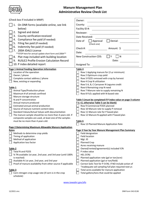 DNR Form 542-0138 Manure Management Plan Administrative Review Check List - Iowa