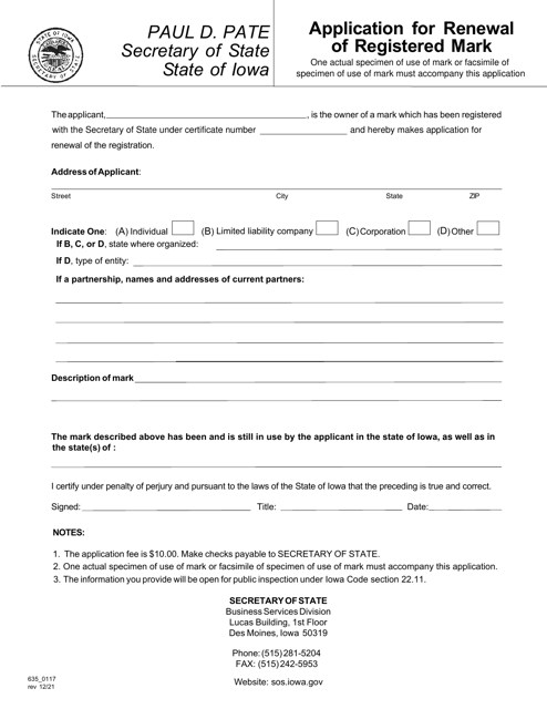 Form 635_0117 Application for Renewal of Registered Mark - Iowa