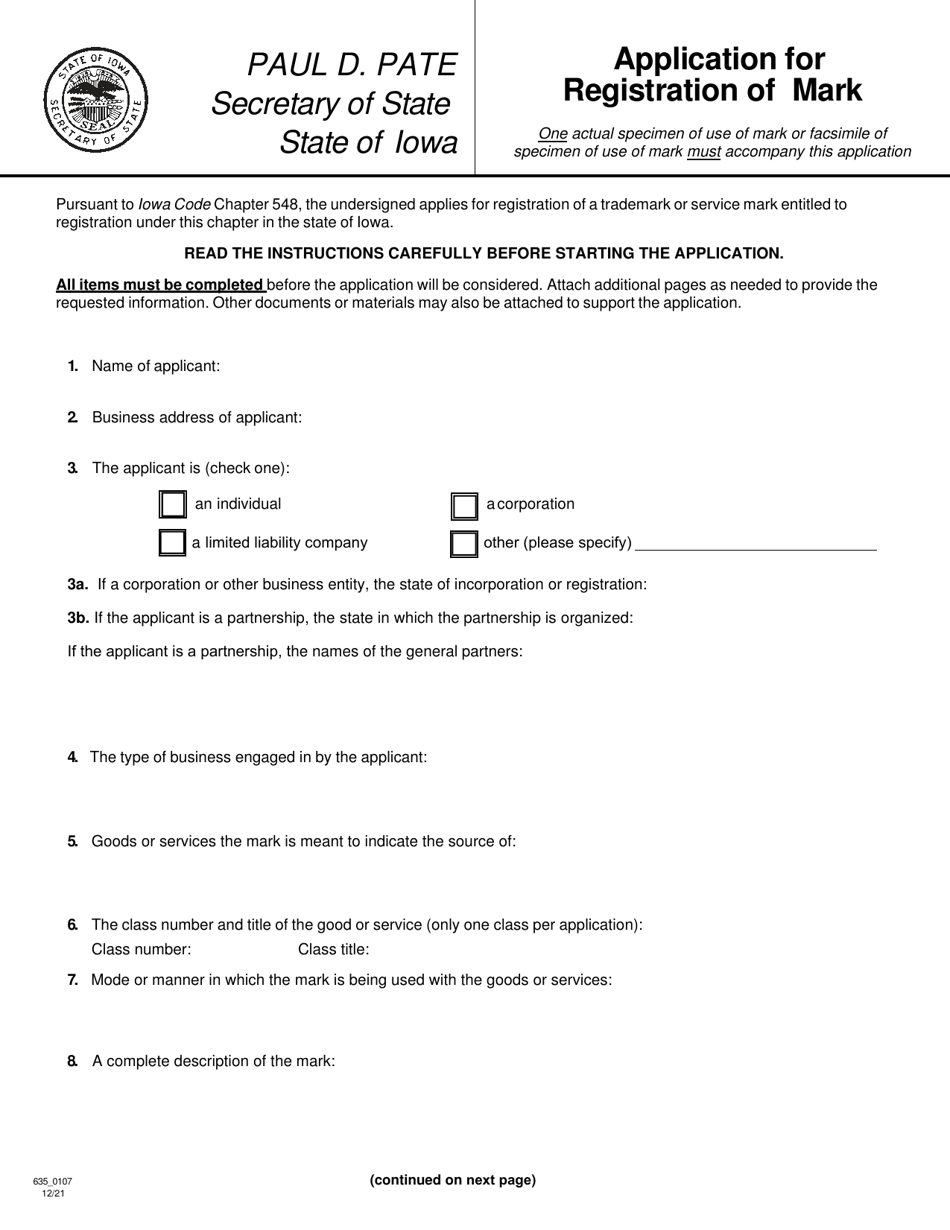 Form 635_0107 Application for Registration of Mark - Iowa, Page 1