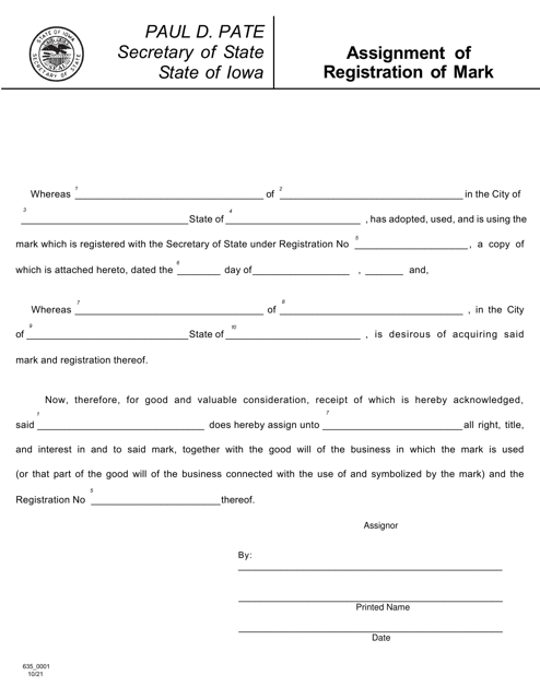Form 635-0001 Assignment of Registration of Mark - Iowa