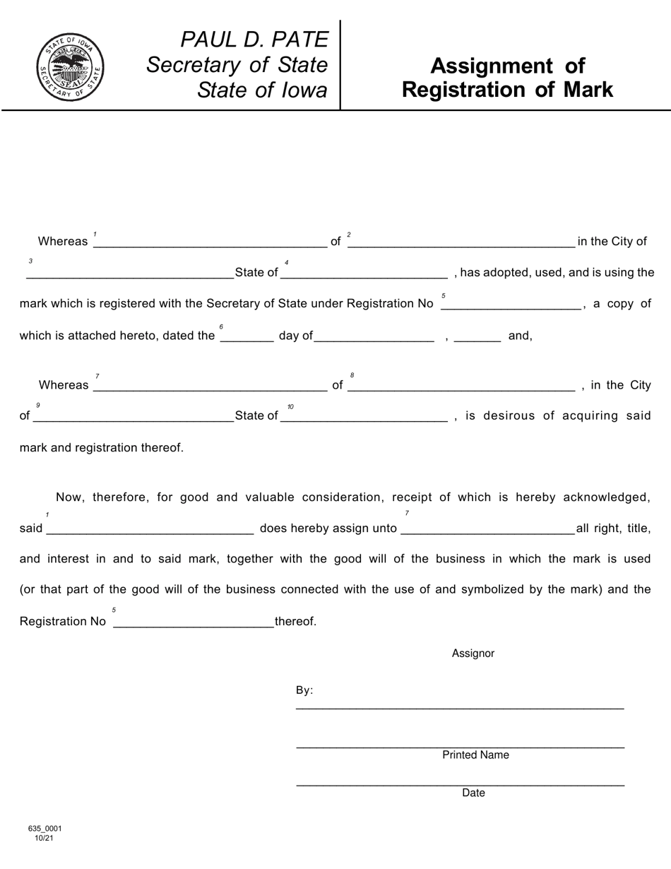 Form 635-0001 Assignment of Registration of Mark - Iowa, Page 1