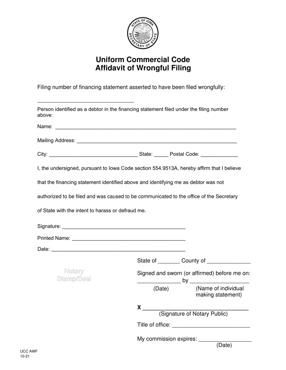 Form UCC AWF Uniform Commercial Code Affidavit of Wrongful Filing - Iowa, Page 1
