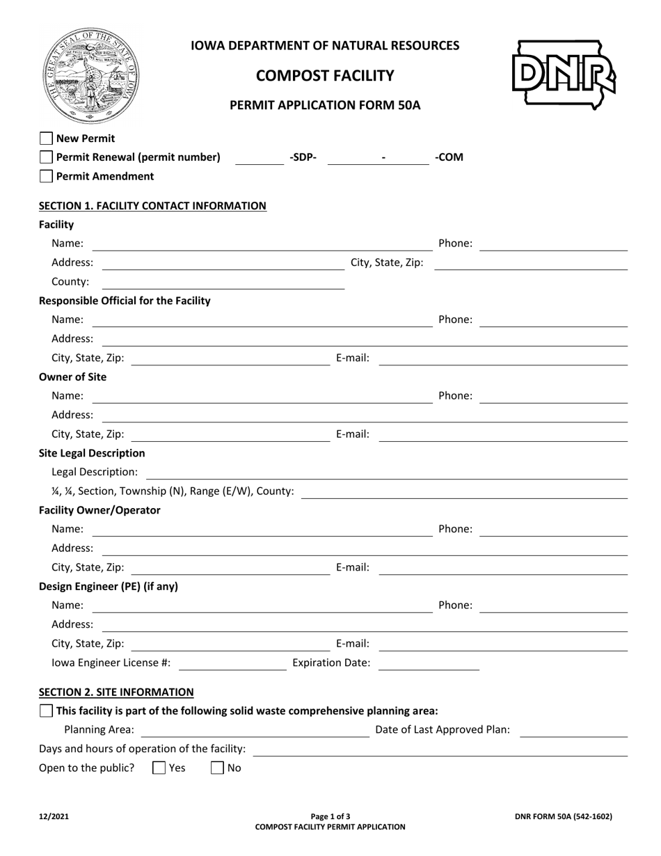 DNR Form 50A (542-1602) Compost Facility Permit Application - Iowa, Page 1