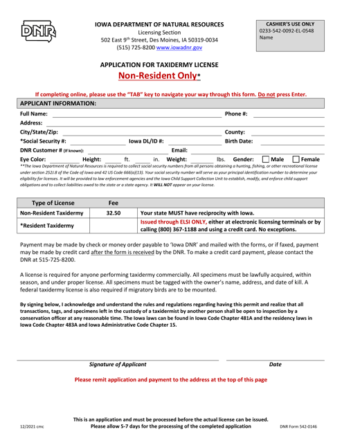 DNR Form 542-0146 Application for Taxidermy License - Iowa