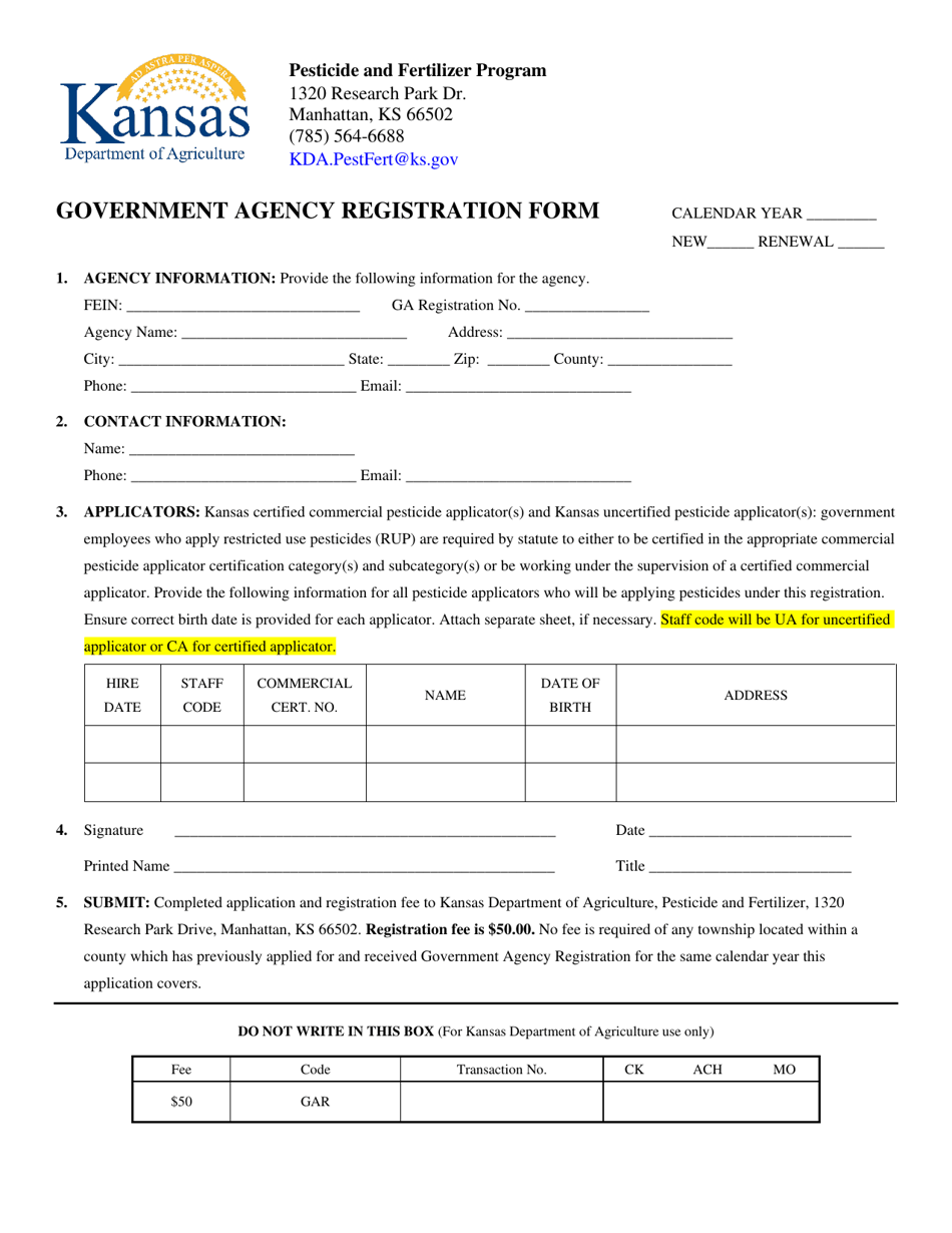 Government Agency Registration Form - Kansas, Page 1