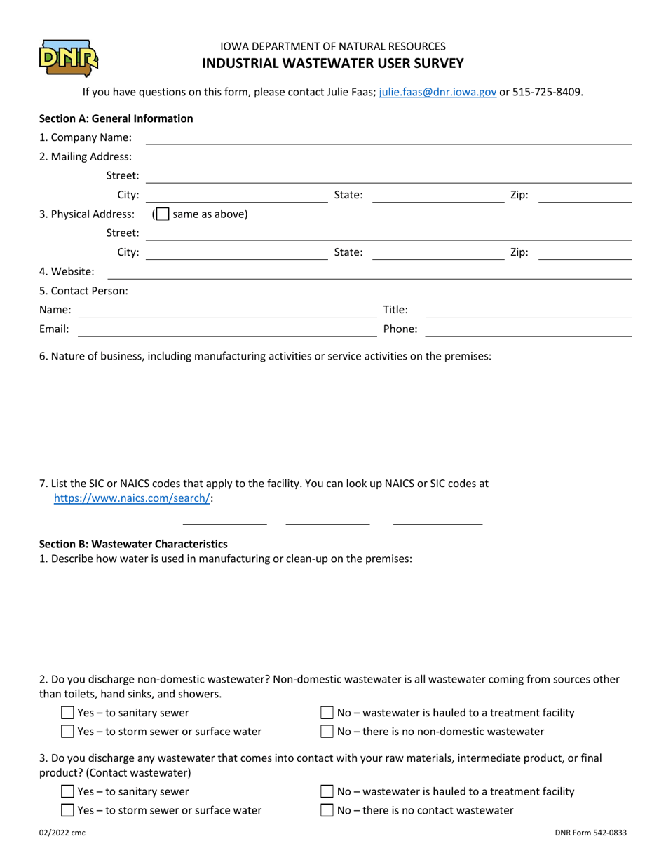 DNR Form 542-0833 Industrial Wastewater User Survey - Iowa, Page 1