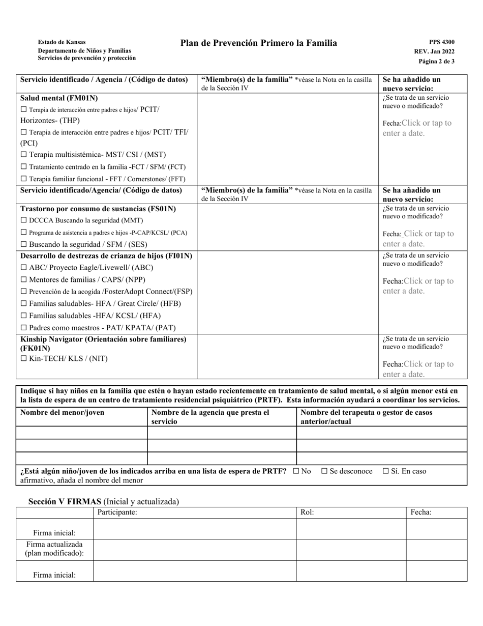 Formulario PPS4300 Plan De Prevencion Primero La Familia - Kansas (Spanish), Page 2