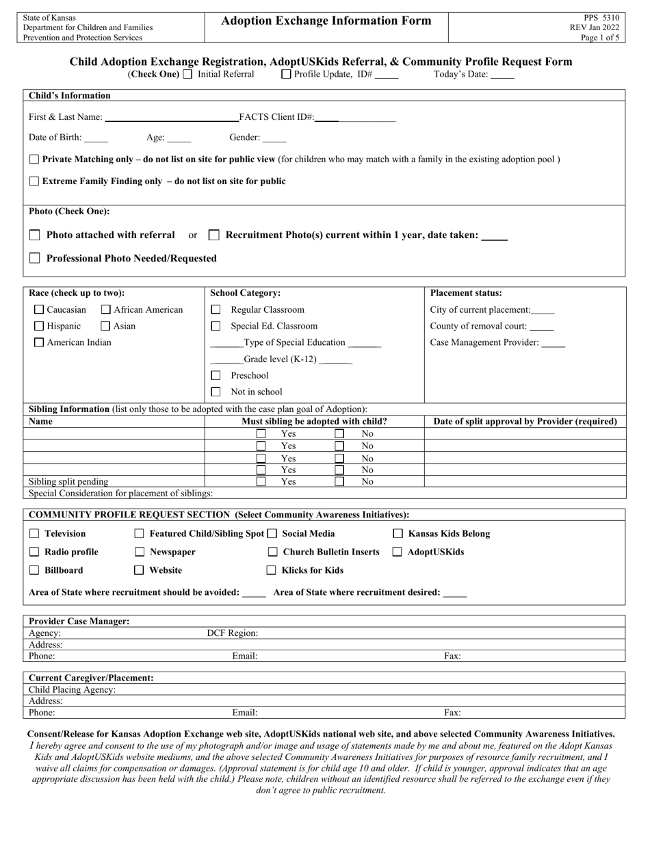 Form PPS5310 Adoption Exchange Information Form - Kansas, Page 1