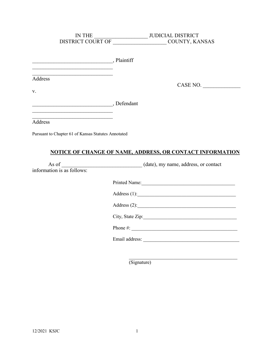Notice of Change of Name, Address, or Contact Information - Kansas, Page 1