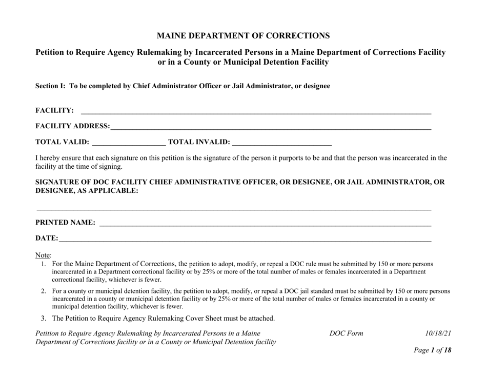 Petition to Require Agency Rulemaking by Incarcerated Persons in a Maine Department of Corrections Facility or in a County or Municipal Detention Facility - Maine, Page 1