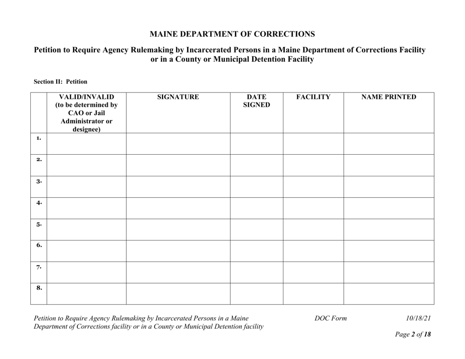 Petition to Require Agency Rulemaking by Incarcerated Persons in a Maine Department of Corrections Facility or in a County or Municipal Detention Facility - Maine, Page 2