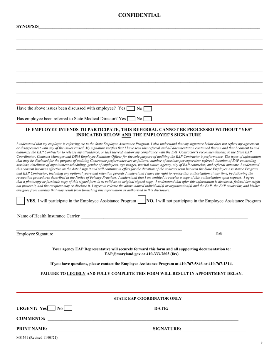 Form MS561 Appendix 3 Eap Supervisory Referral Form - Maryland, Page 3
