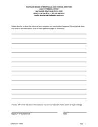 Complaint Form - Maryland Board of Morticians and Funeral Directors - Maryland, Page 3