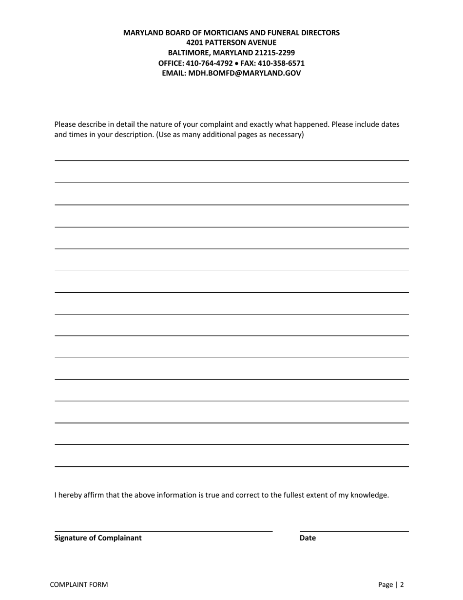Complaint Form - Maryland Board of Morticians and Funeral Directors - Maryland, Page 3