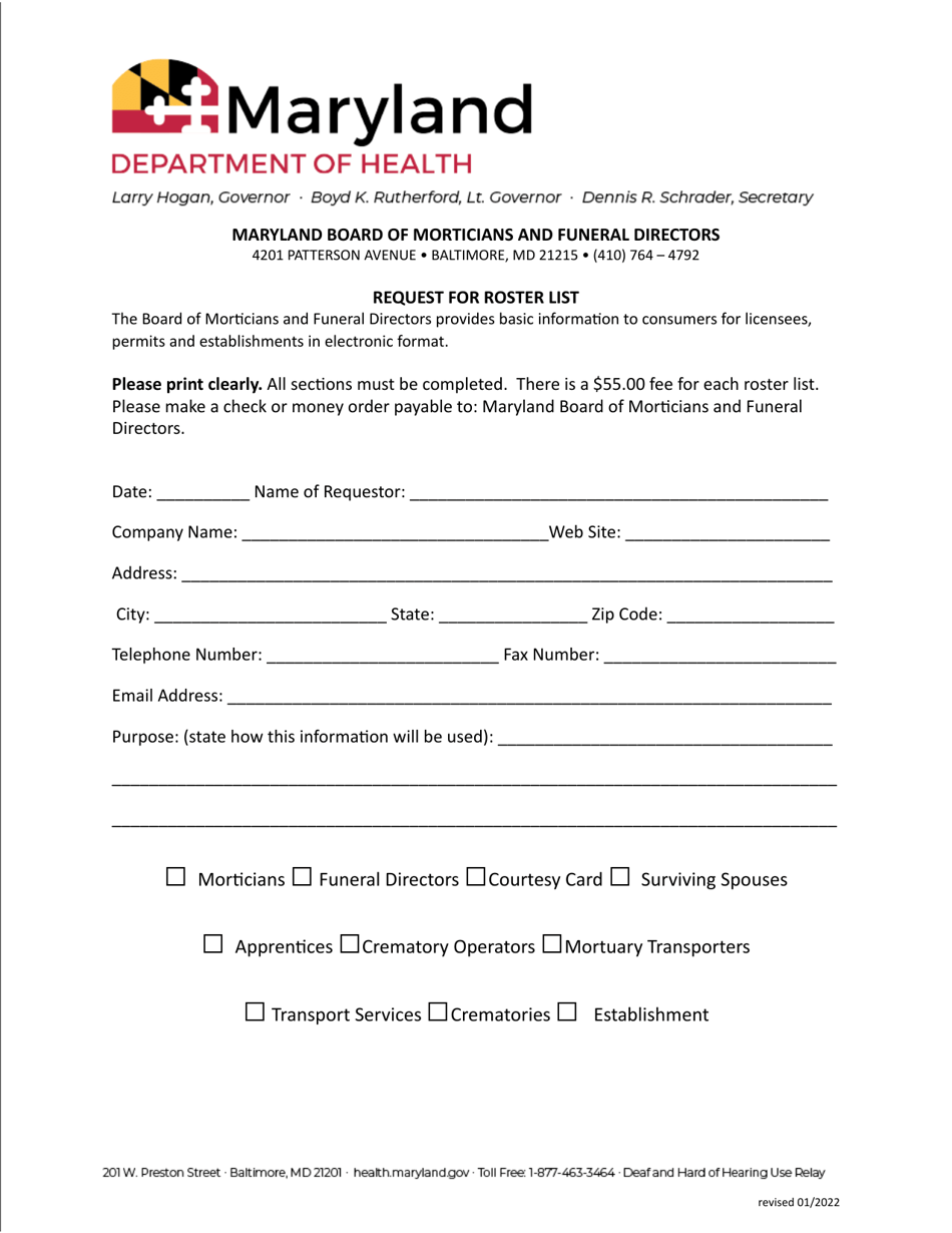 Request for Roster List - Maryland Board of Morticians and Funeral Directors - Maryland, Page 1