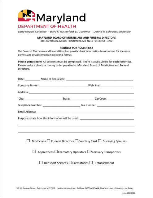 Request for Roster List - Maryland Board of Morticians and Funeral Directors - Maryland Download Pdf