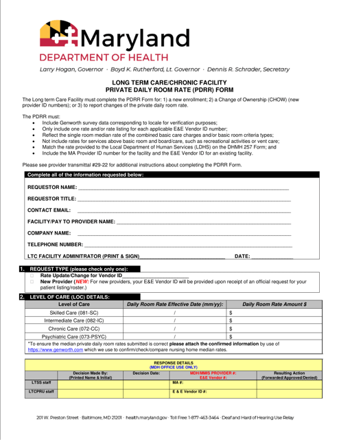 Long Term Care / Chronic Facility Private Daily Room Rate (Pdrr) Form - Maryland Download Pdf