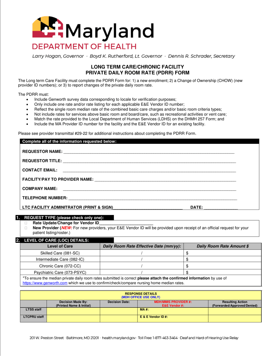 Long Term Care / Chronic Facility Private Daily Room Rate (Pdrr) Form - Maryland, Page 1