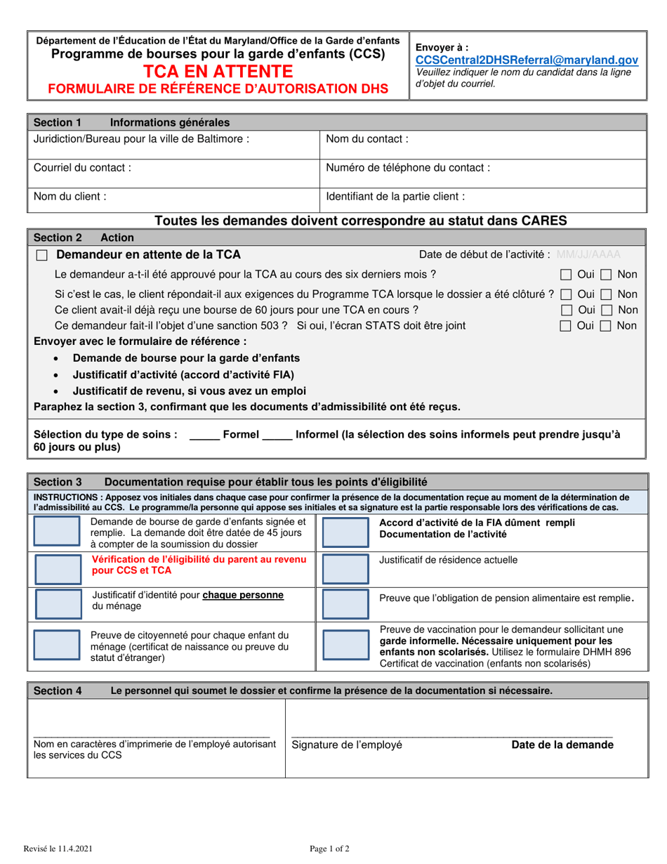 Tca Pending DHS Authorization Referral Form - Maryland (French), Page 1