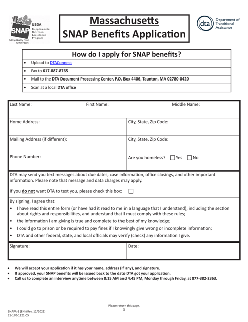 Form SNAPA-1 Snap Benefits Application - Massachusetts