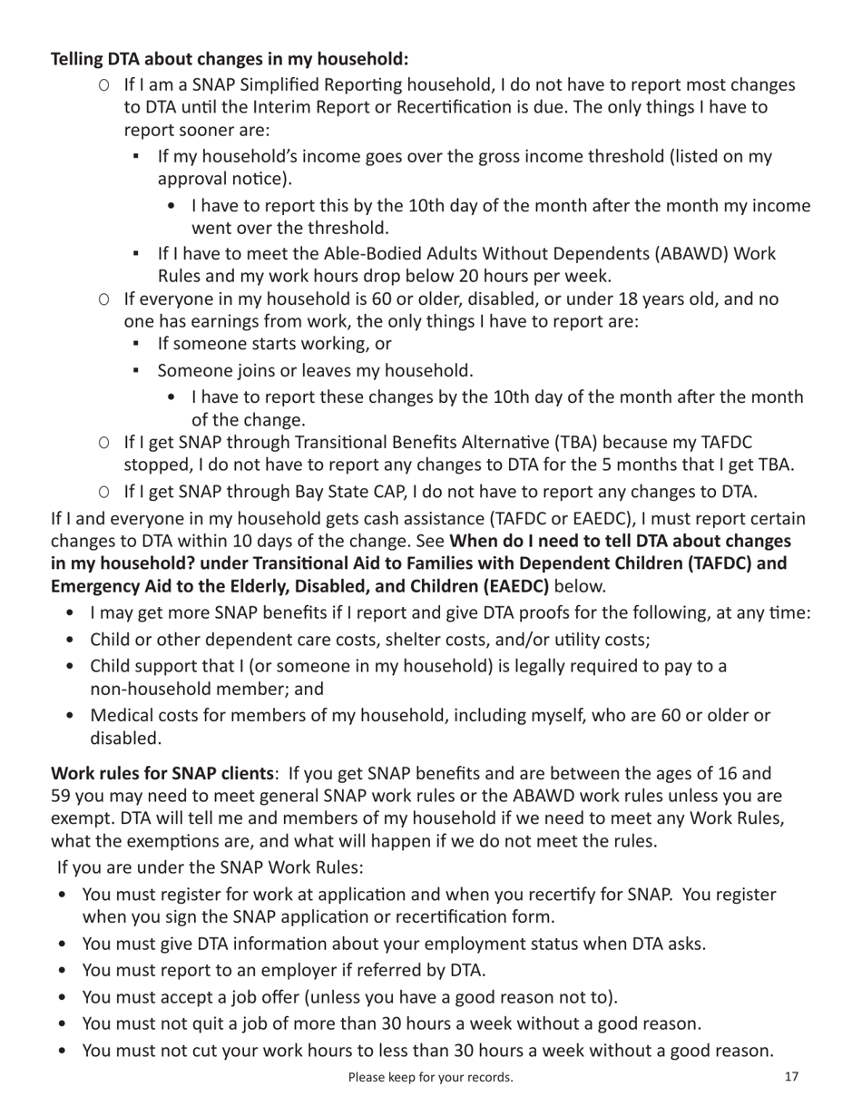 Form SNAP-APP-SENIORS Snap Benefits Application for Seniors - Massachusetts, Page 17