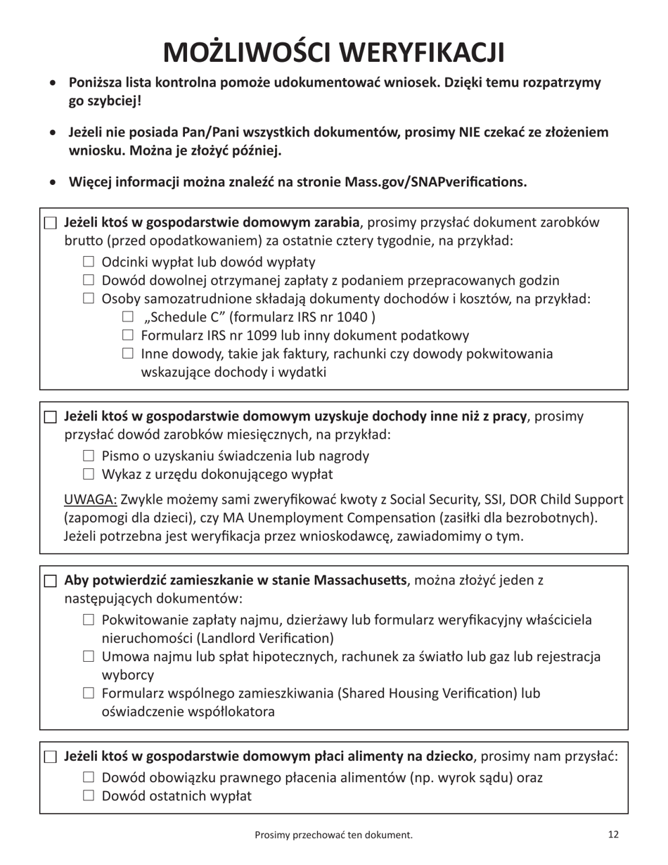 Form SNAP-APP-SENIORS Snap Benefits Application for Seniors - Massachusetts (Polish), Page 12