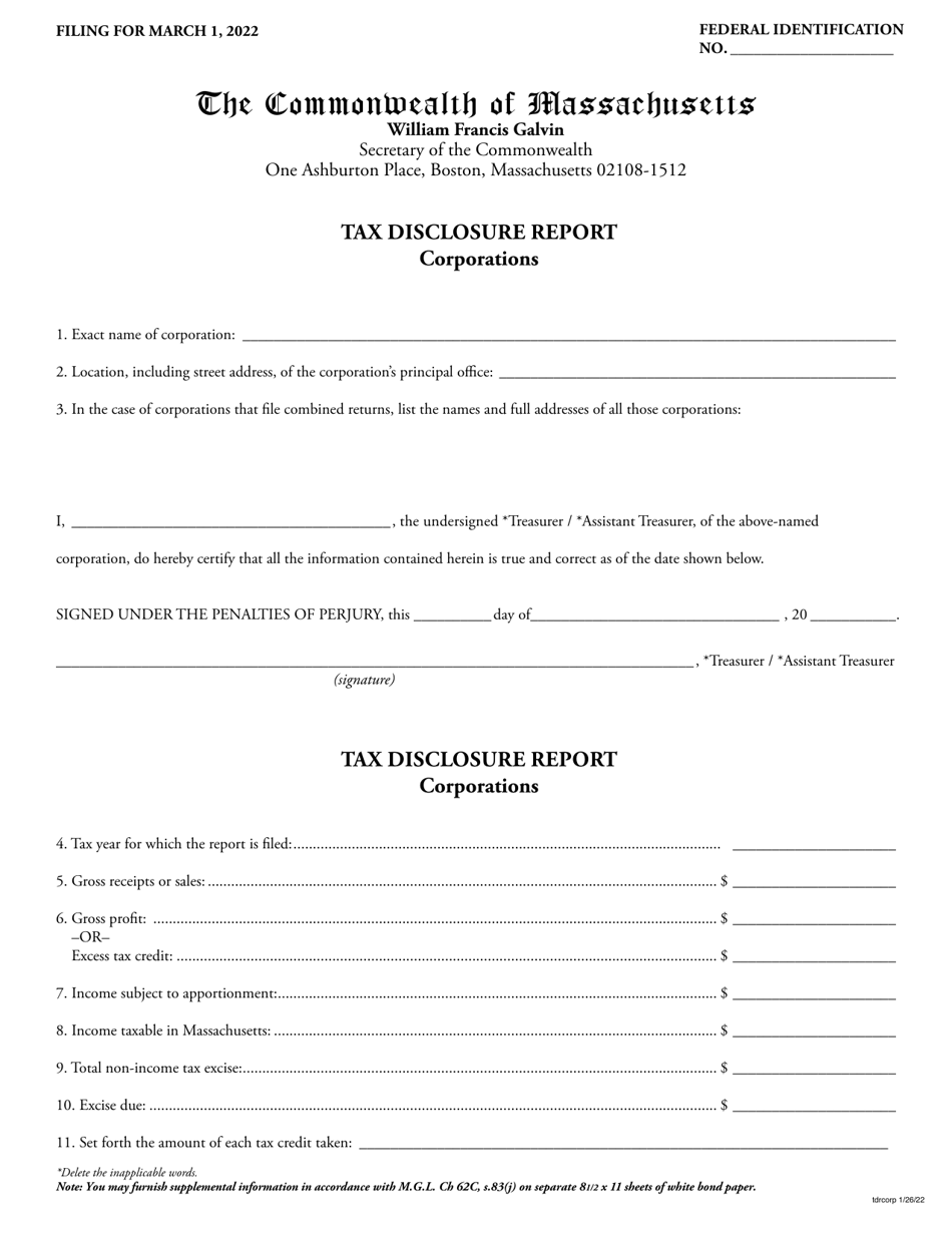 Massachusetts Tax Disclosure Report Corporations Fill Out, Sign