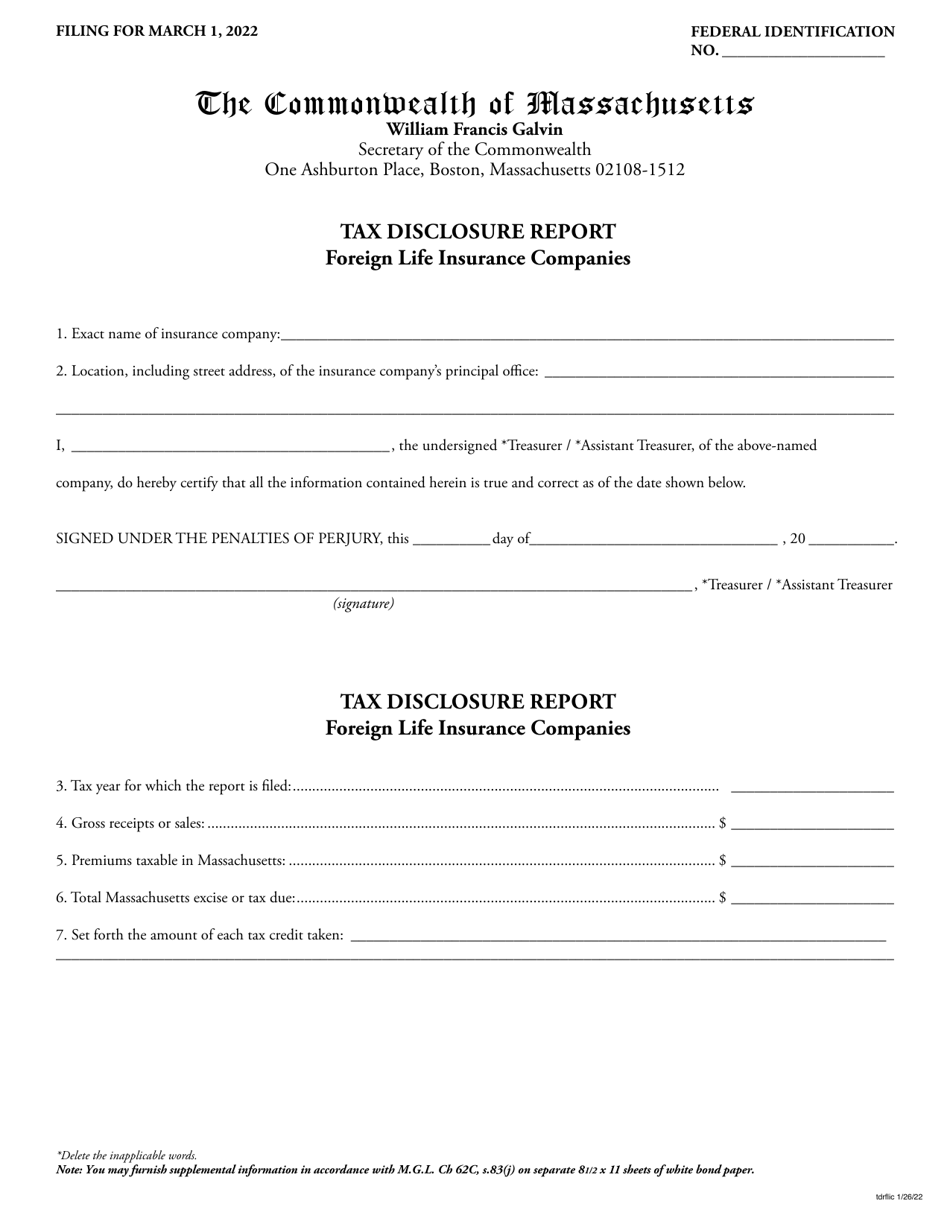 Tax Disclosure Report - Foreign Life Insurance Companies - Massachusetts, Page 1