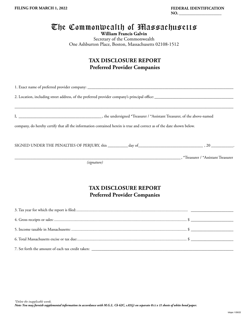 Massachusetts Tax Disclosure Report Preferred Provider Companies