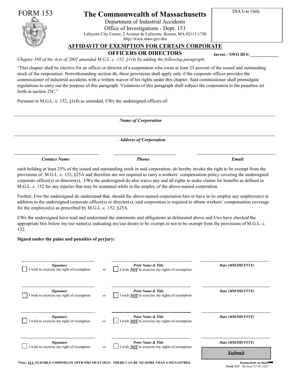 Form 153 Affidavit of Exemption for Certain Corporate Officers or Directors - Massachusetts, Page 1