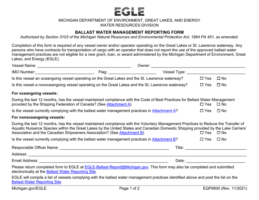 Form EQP0600 Ballast Water Management Reporting Form - Michigan