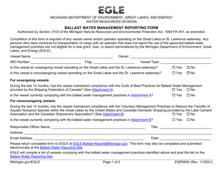 Form EQP0600 Ballast Water Management Reporting Form - Michigan