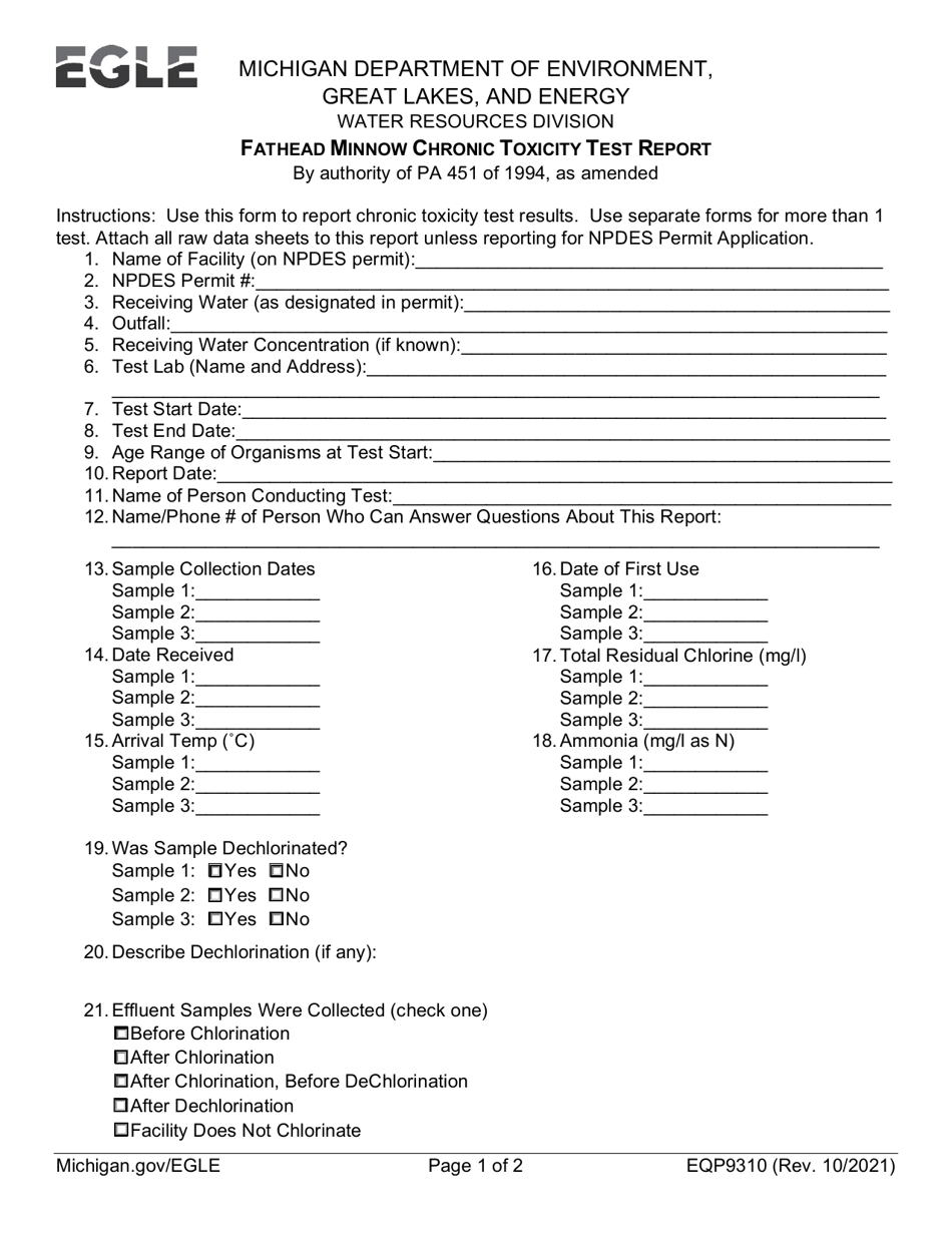 Form EQP9310 Fathead Minnow Chronic Toxicity Test Report - Michigan, Page 1