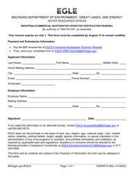 Document preview: Form EQP9274 Industrial/Commercial Wastewater Operator Certification Renewal - Michigan