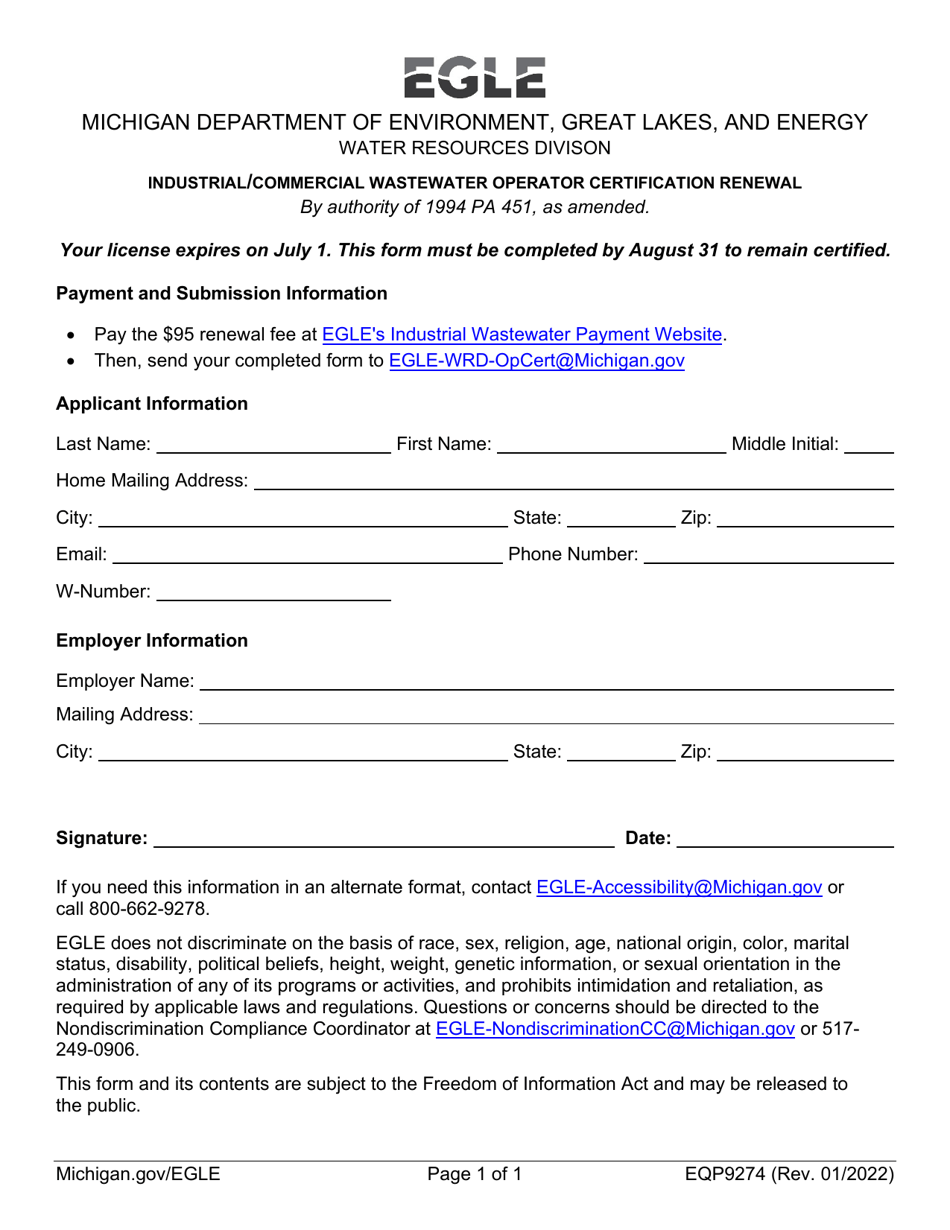 Form EQP9274 Industrial / Commercial Wastewater Operator Certification Renewal - Michigan, Page 1