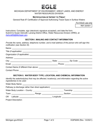 Document preview: Form EQP9269 Notification of Intent to Treat - General Rule 97 Certification of Approval Authorizing Tracer Dyes in Surface Waters - Michigan